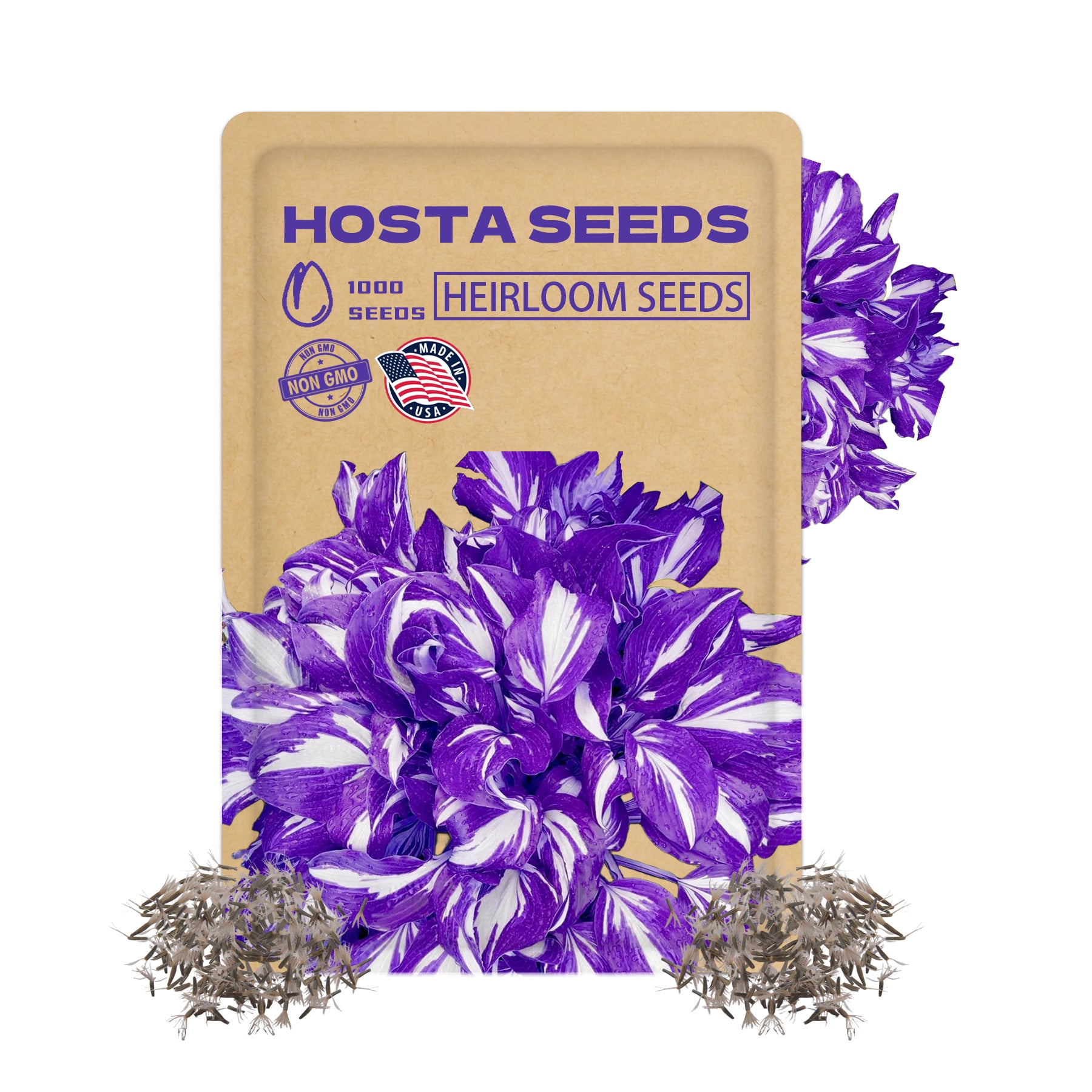 Shade Perennial Foliage Hosta seeds packaging with purple and white hosta flowers on a beige background