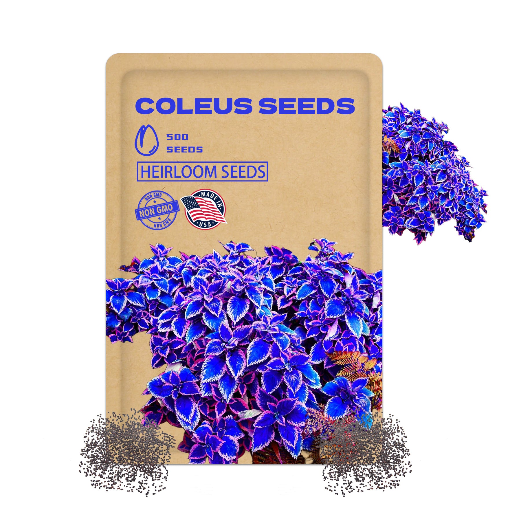 Package of Coleus seeds with blue coleus plants on a white background
