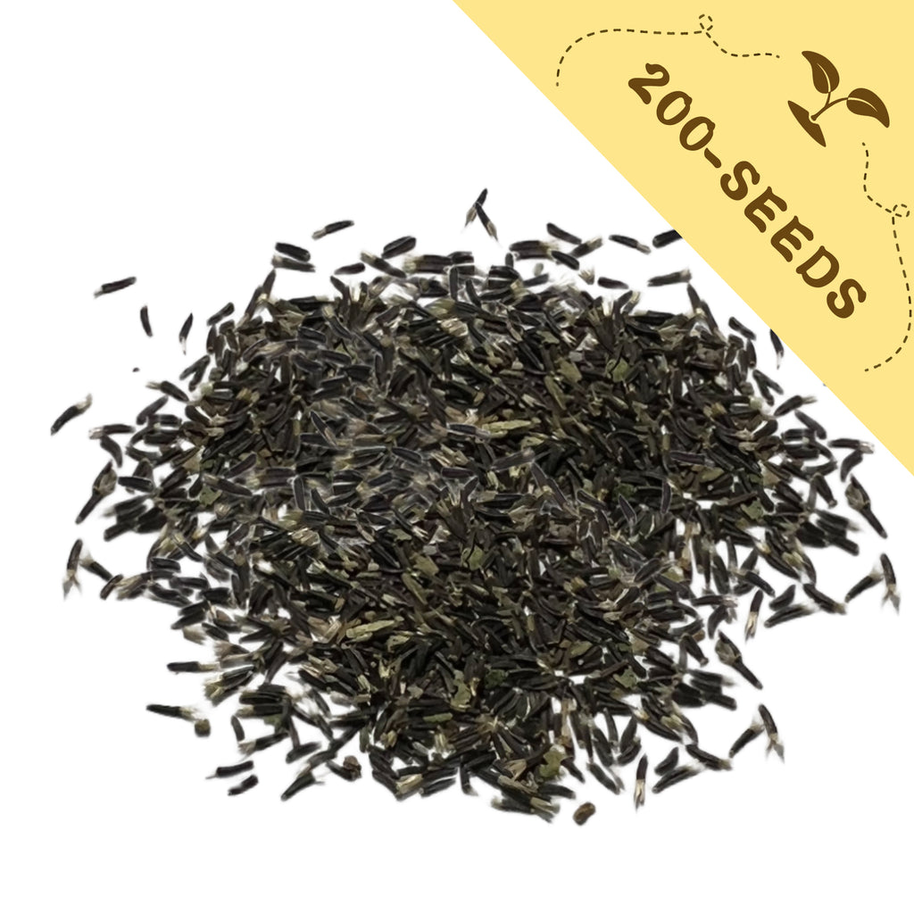 Pile of seeds with a yellow label indicating '200-seeds' on a white background