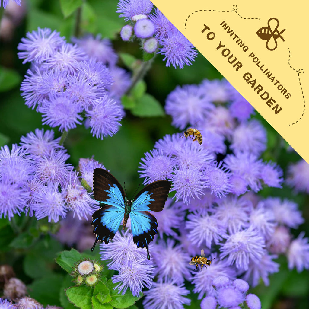Butterfly on purple flowers with a bee and text inviting pollinators to your garden.