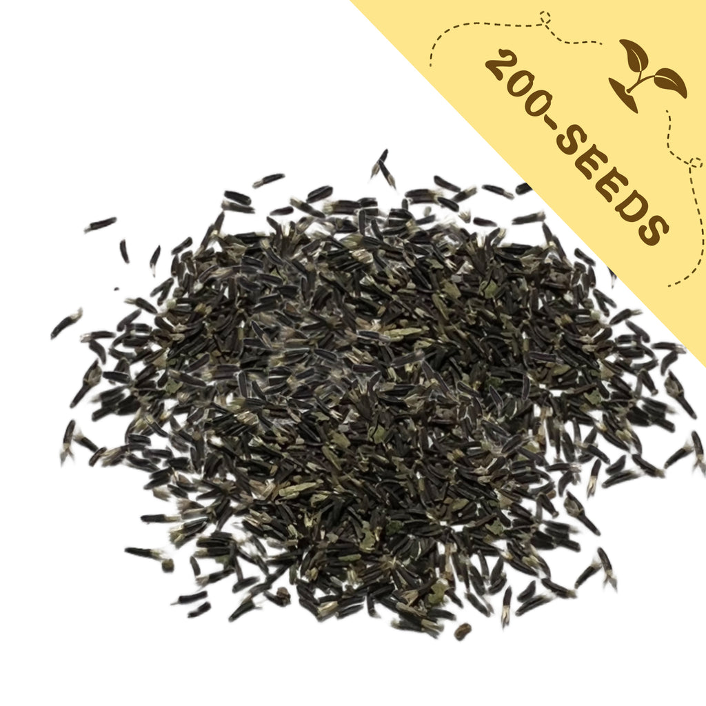 Pile of black seeds with a yellow label indicating '200-seeds' on a white background