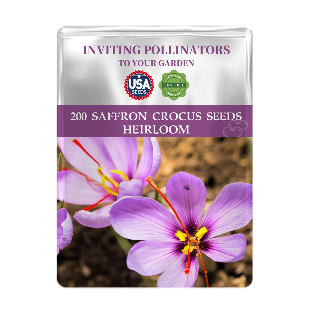 Seeds packet for Autumn Saffron Crocus Seeds with purple flowers and USA Seeds branding.