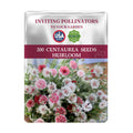 Seeds packet for Bachelor's Button Knapweed Cornflower Centaurea Seeds with a scenic background
