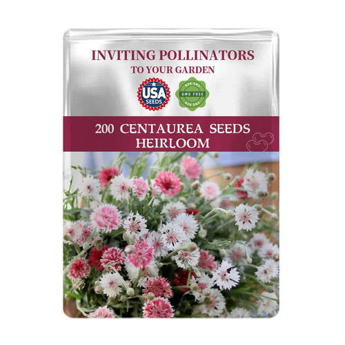 Seeds packet for Bachelor's Button Knapweed Cornflower Centaurea Seeds with a scenic background