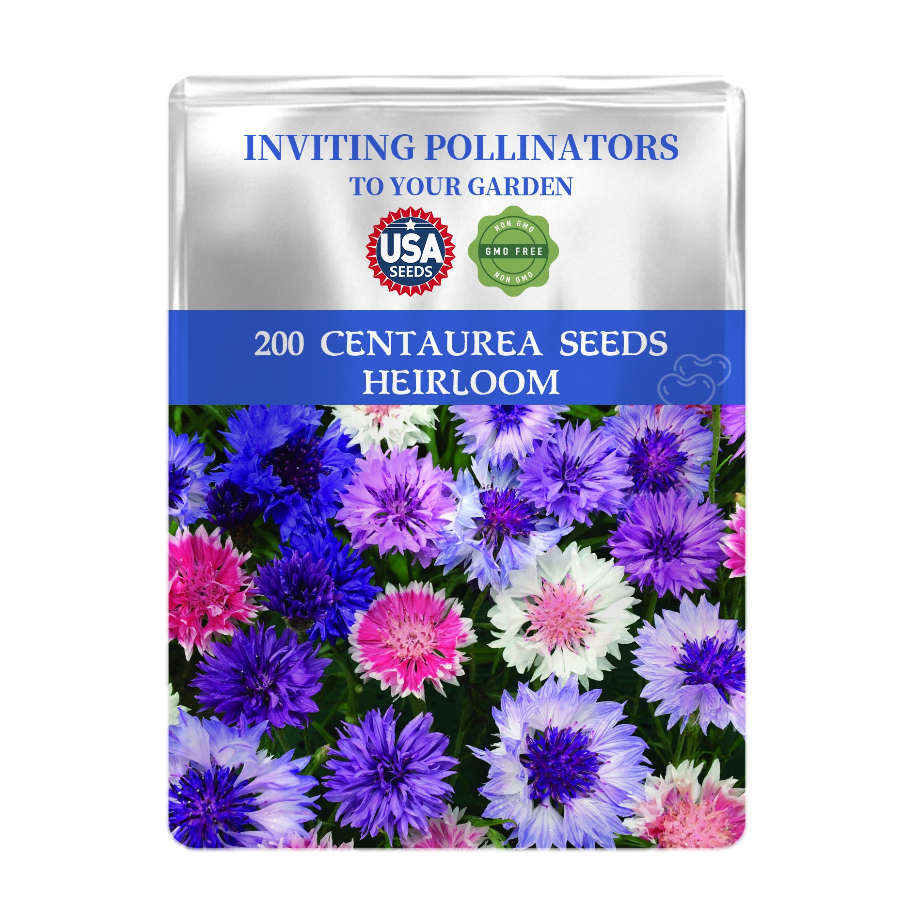 Bachelor's Button Knapweed Cornflower Centaurea Seeds packet with colorful Centaurea flowers and branding on a white background
