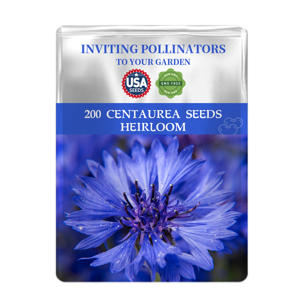 Bachelor's Button Knapweed Cornflower Centaurea Seeds packet with a blue flower and text about attracting pollinators