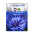 Bachelor's Button Knapweed Cornflower Centaurea Seeds packet with a blue flower and text about attracting pollinators