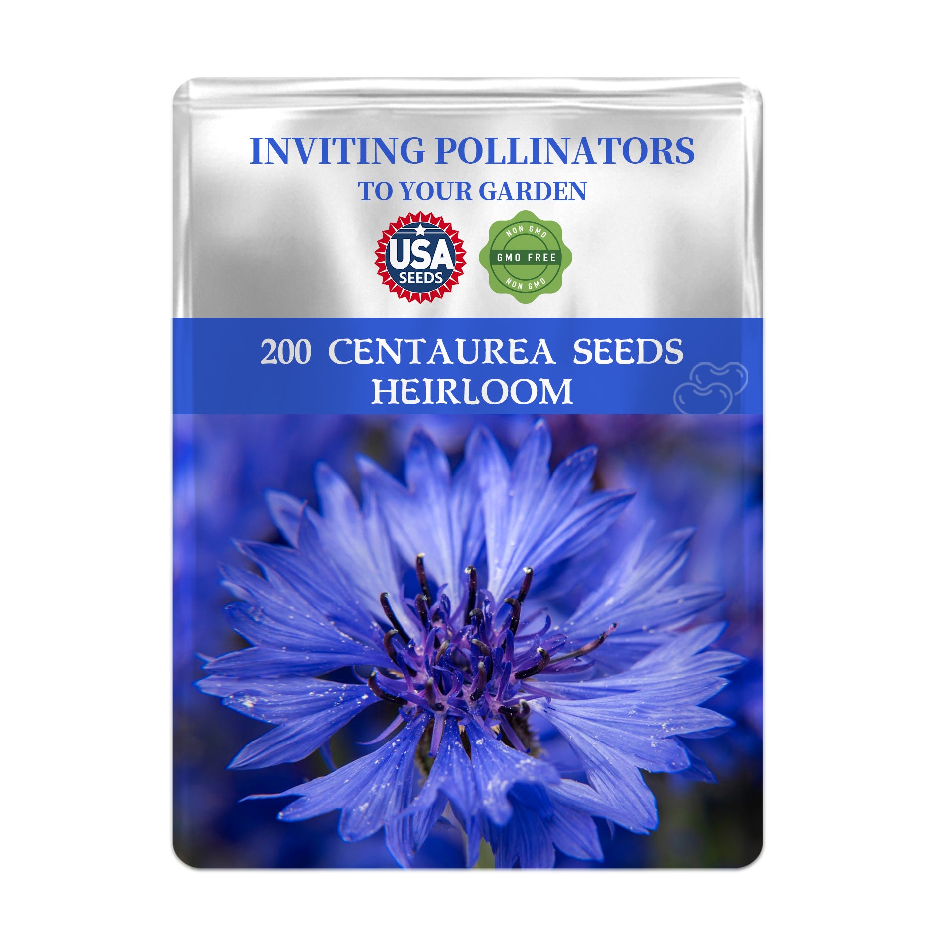Bachelor's Button Knapweed Cornflower Centaurea Seeds packet with a blue flower and text about attracting pollinators