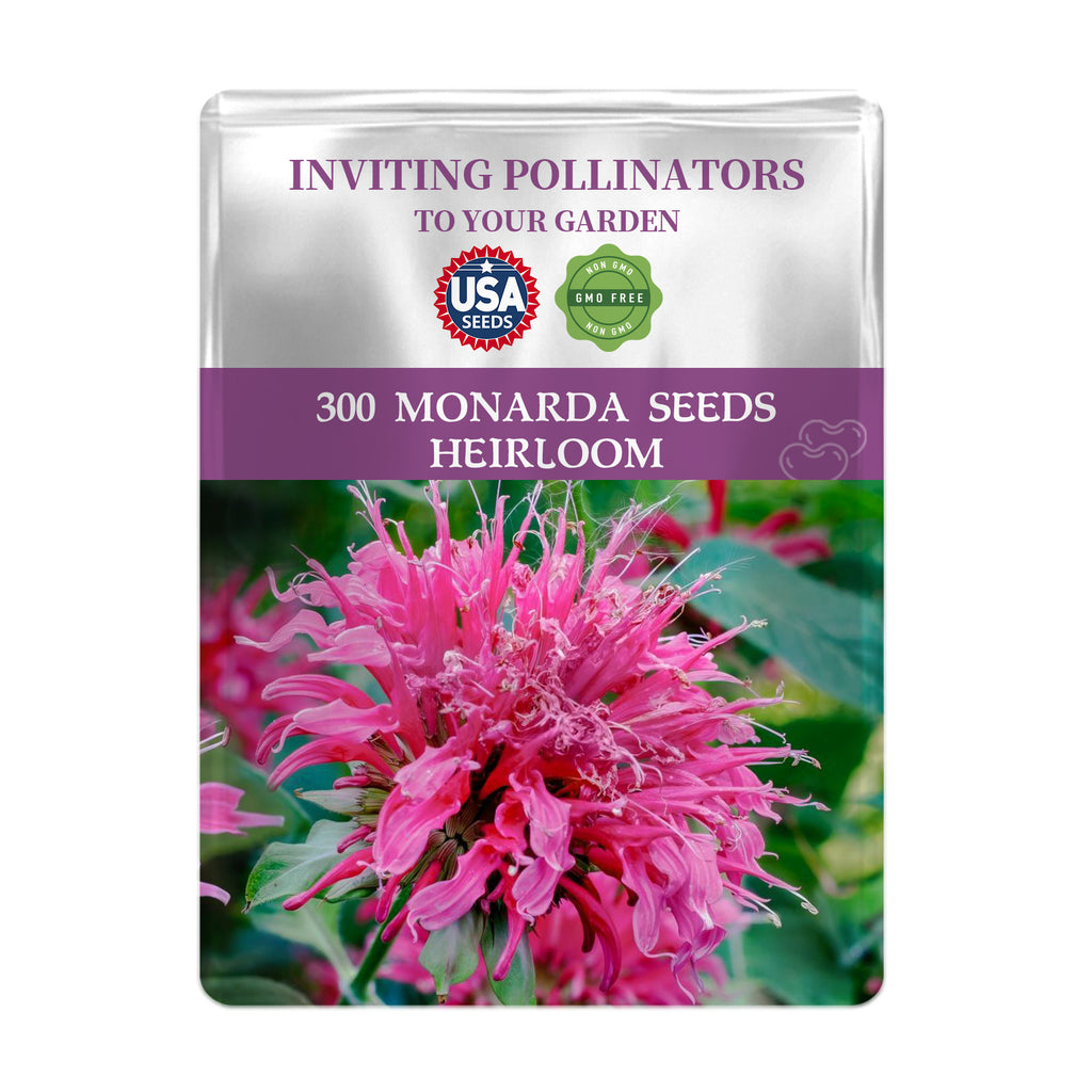 Seeds packet with Bee Balm Bergamot Monarda Seeds pink flower and text '300 Monarda Seeds Heirloom' on a white background