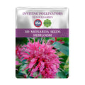 Seeds packet with Bee Balm Bergamot Monarda Seeds pink flower and text '300 Monarda Seeds Heirloom' on a white background