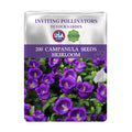 Bellflower Campanula Seeds packet for Campanula seeds with purple flowers on a white background