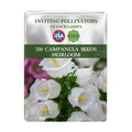 Seed packet for Bellflower Campanula Seeds with white flowers on a white background