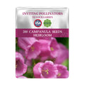 Bellflower Campanula Seeds packet for Campanula seeds with pink flowers on a white background