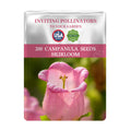 Bellflower Campanula Seeds packet for Campanula seeds with a pink flower on a white background