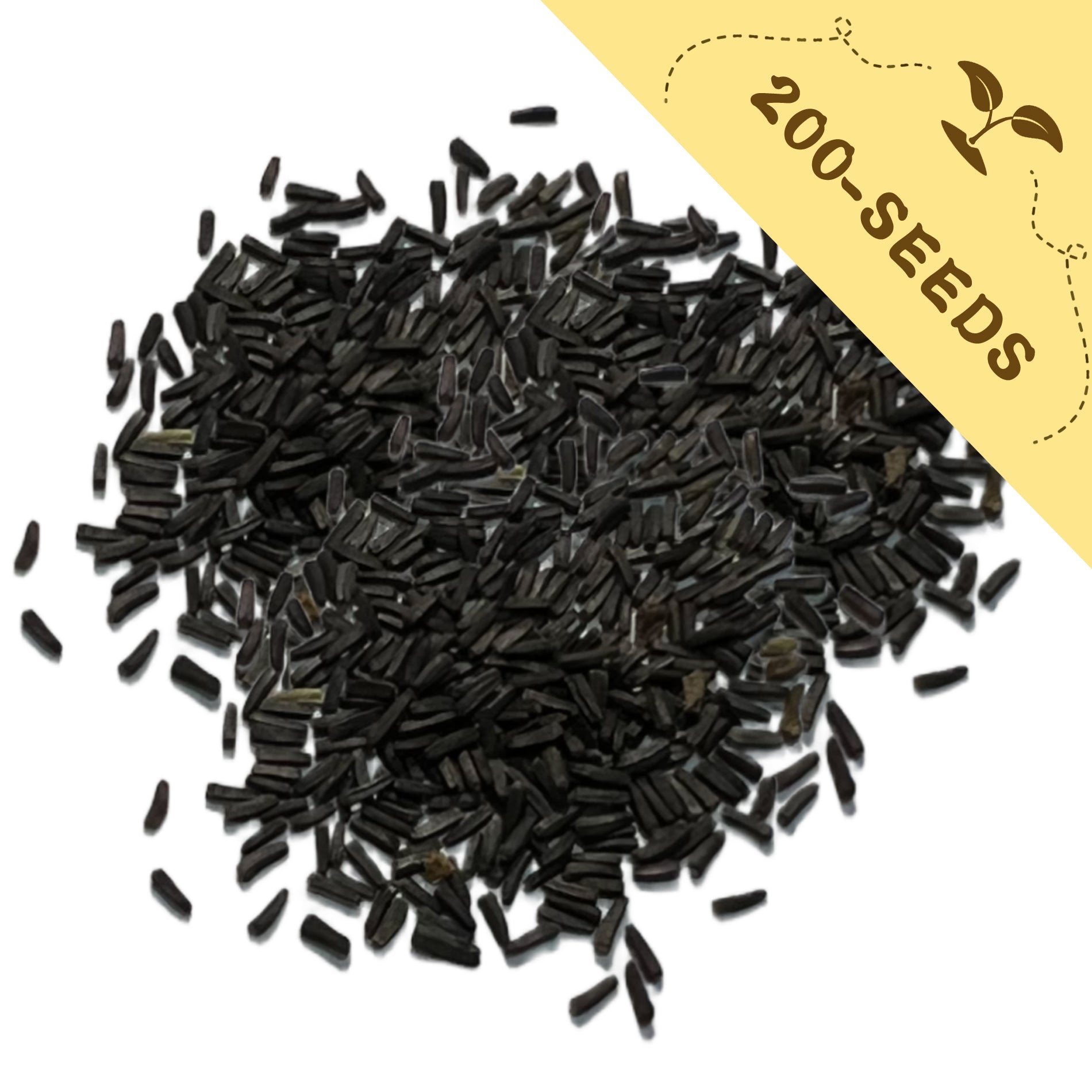 Pile of Black-Eyed Susan Rudbeckia Seeds with a yellow label indicating '200-seeds' on a white background