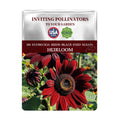 Seeds packet for Black-Eyed Susan Rudbeckia Seeds with a red flower on a white background