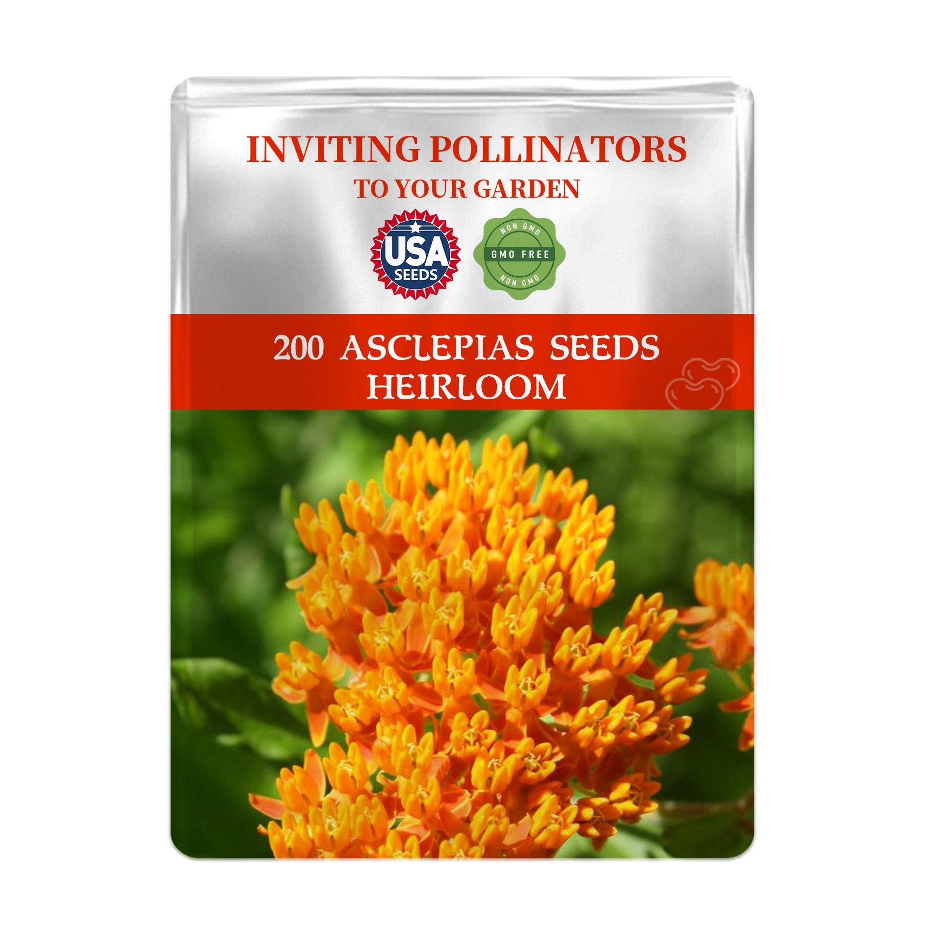 Package of Butterfly Weed Milkweed Orange Asclepias Seeds with USA Seeds branding and an image of orange flowers.