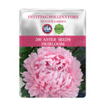 Seeds packet for 200  China Aster Seeds with a pink flower on a white background