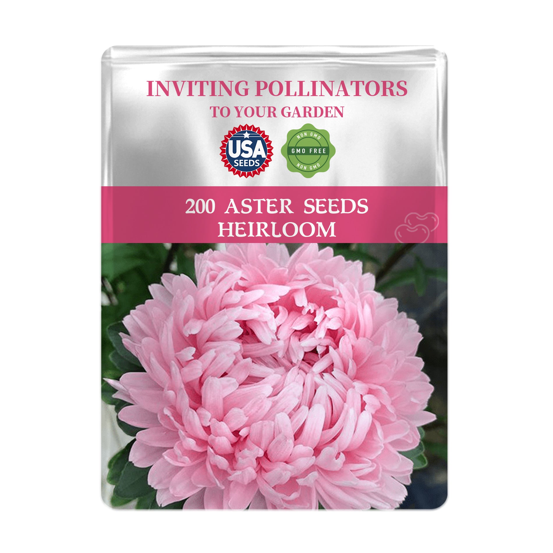 Seeds packet for 200  China Aster Seeds with a pink flower on a white background