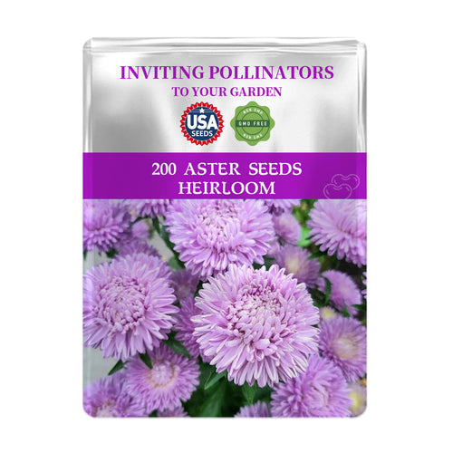 Seed packet for 200 China Aster Seeds Cut Flower  with purple flowers on a white background
