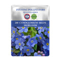 Seeds packet for Chinese Forget-Me-Not Cynoglossum Seeds with blue flowers on a white background