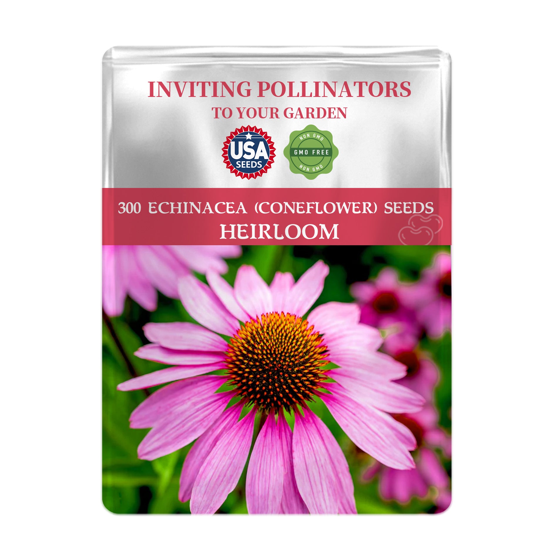Seeds packet for Coneflower Echinacea Seeds with pink flower image on a white background