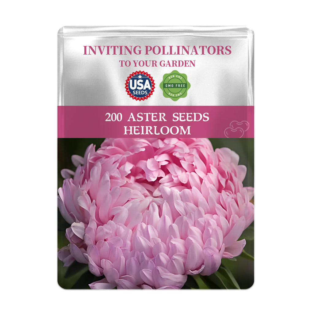 Seed packet for 200 Cut Flower China Aster Seeds with pink flower image on a white background
