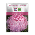 Seed packet for 200 Cut Flower China Aster Seeds with pink flower image on a white background