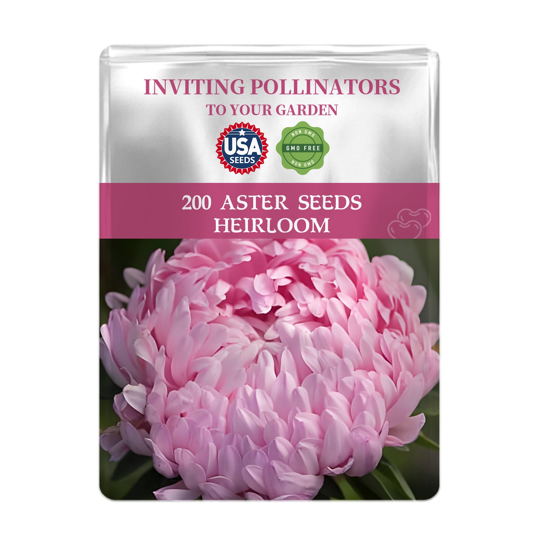 Seed packet for 200 Cut Flower China Aster Seeds with pink flower image on a white background