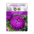 Seed packet for 200 Cut Flower China Aster Seeds  with purple flowers on a white background
