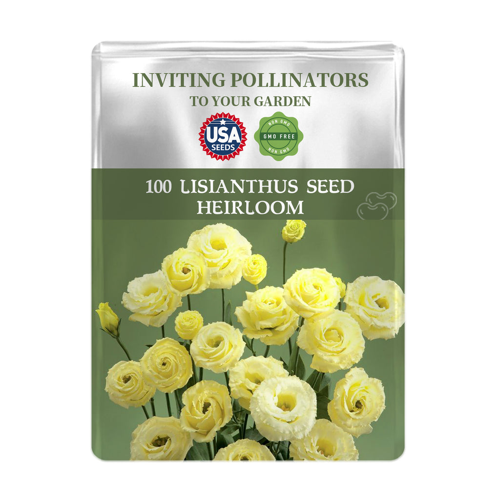 Double Rose Varieties Lisianthus Seeds packet with yellow flowers on a green background