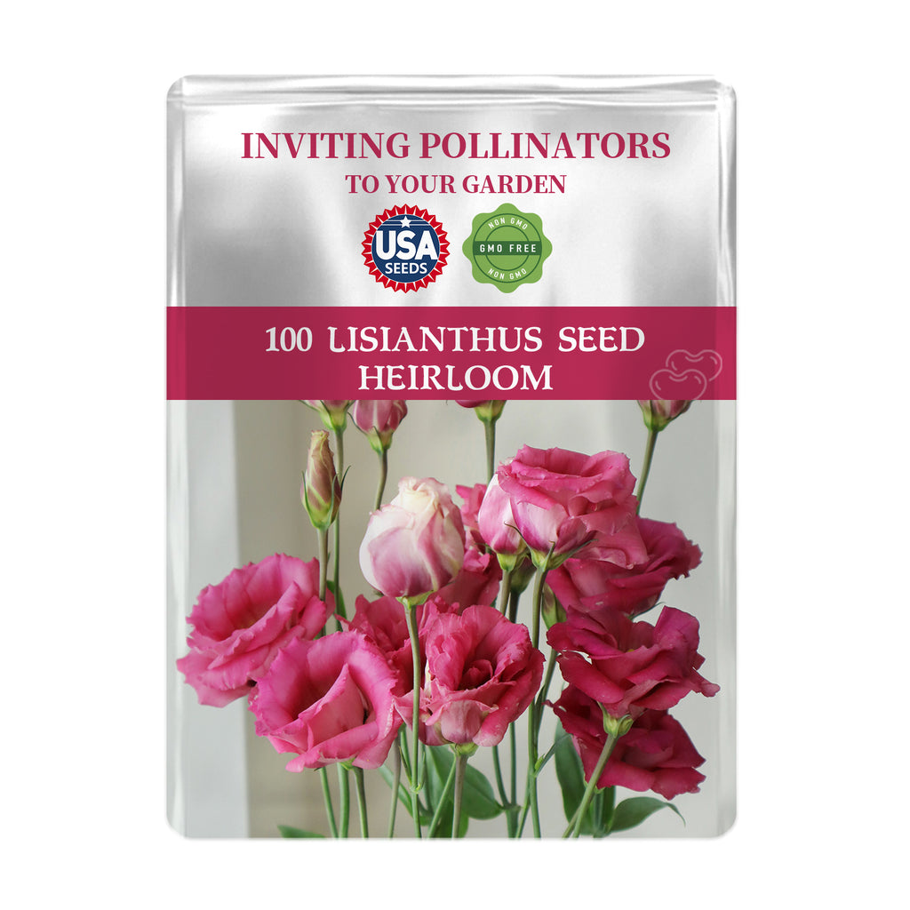 Double Rose Varieties Lisianthus Seeds packet with pink flowers on a white background