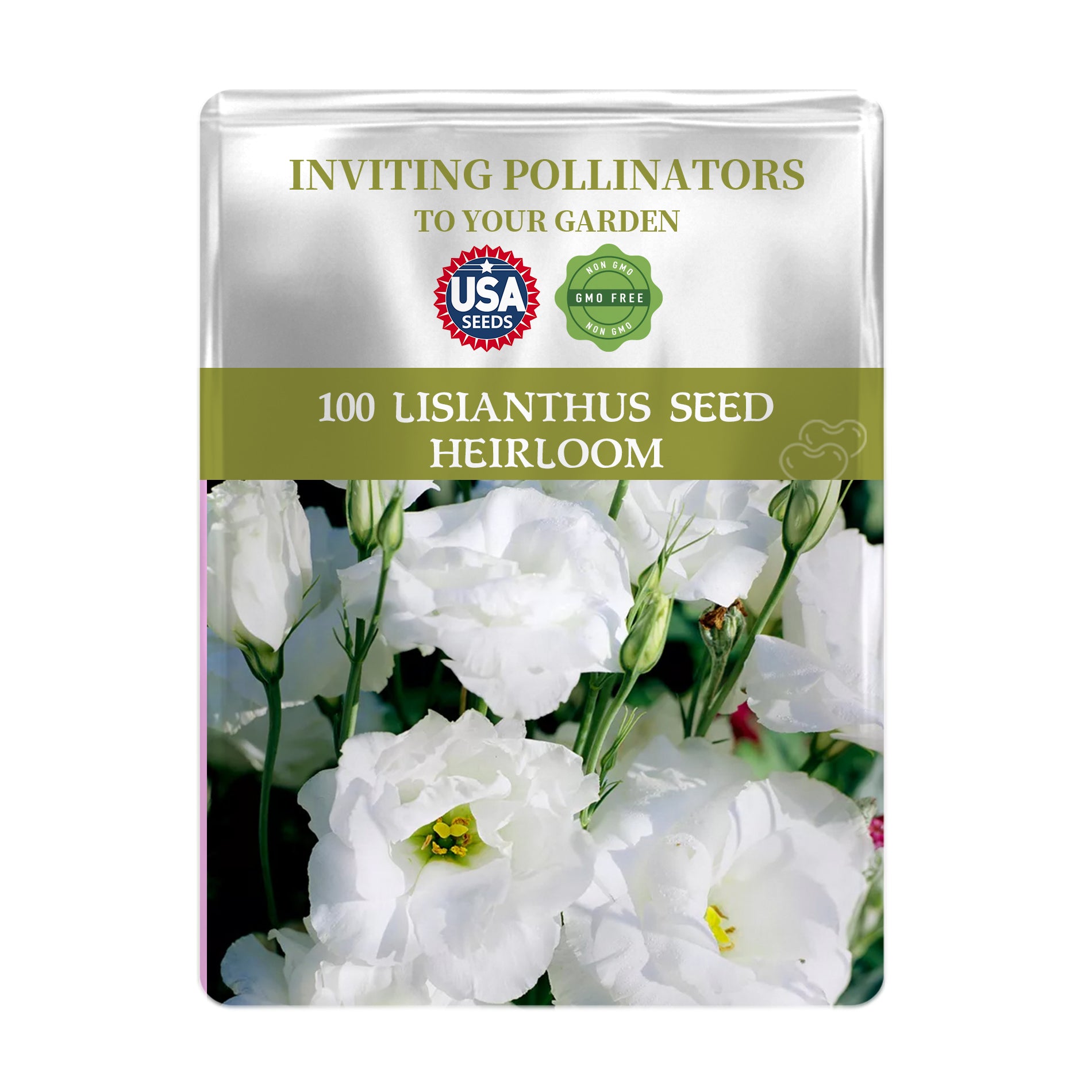 Double Rose Varieties Lisianthus Seeds packet with white flowers on a white background