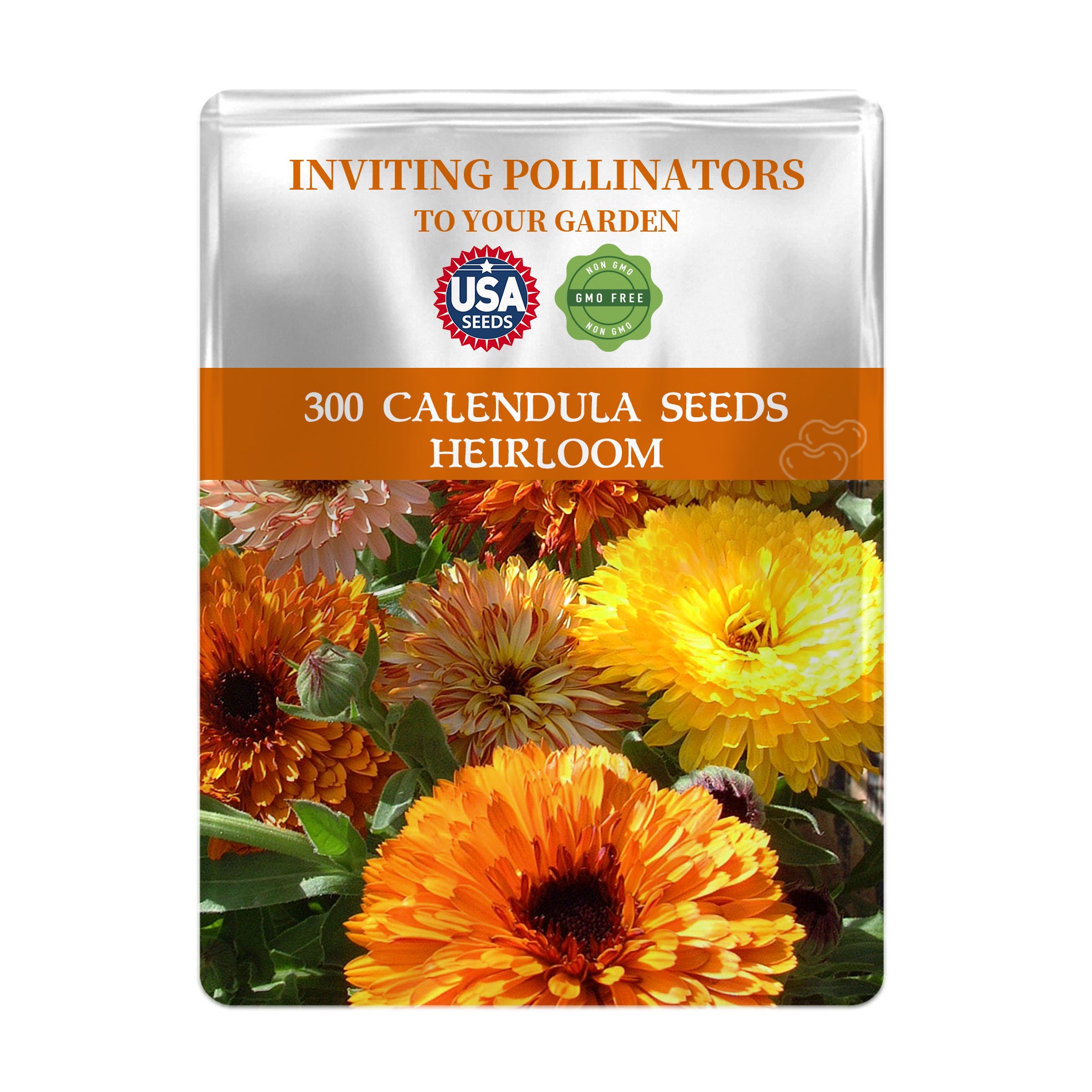 English Marigold Scotch Marigold Calendula Seeds packet for calendula seeds with colorful flowers on a white background