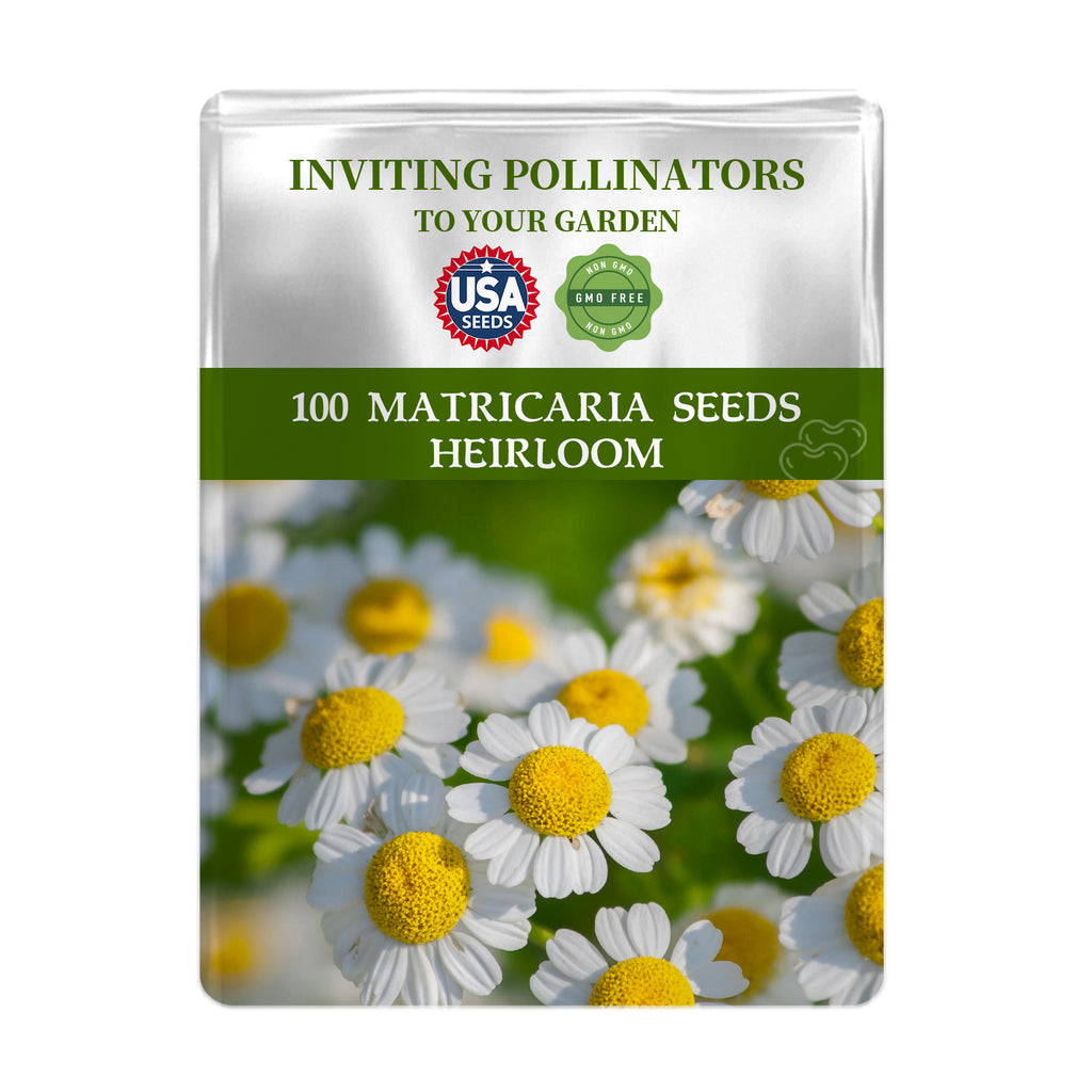 Seeds packet for Feverfew Golden Chamomile Matricaria Seeds with USA Seeds branding and flower imagery on a white background