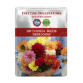 Figaro Double Flower Dahlia Seeds Mix Colors packet for 200 Dahlia seeds with colorful flowers on a white background