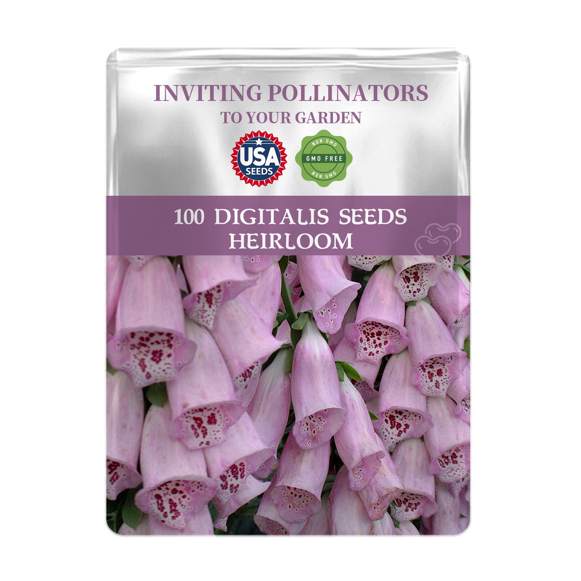 Seeds packet with Foxglove Spires Digitalis Seeds pink flowers and USA Seeds branding on a white background