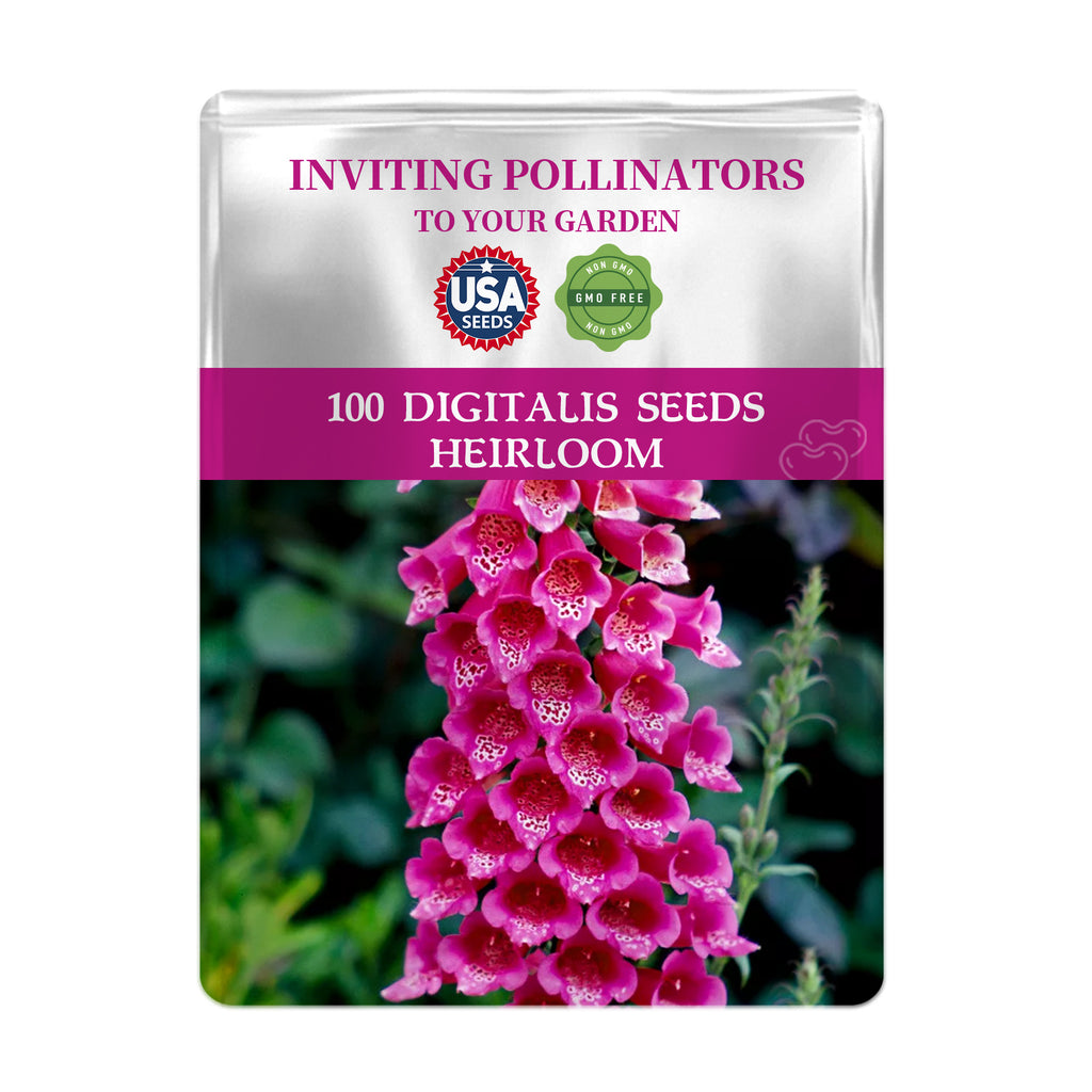Seeds packet for Foxglove Spires Digitalis Seeds with pink flowers on a white background