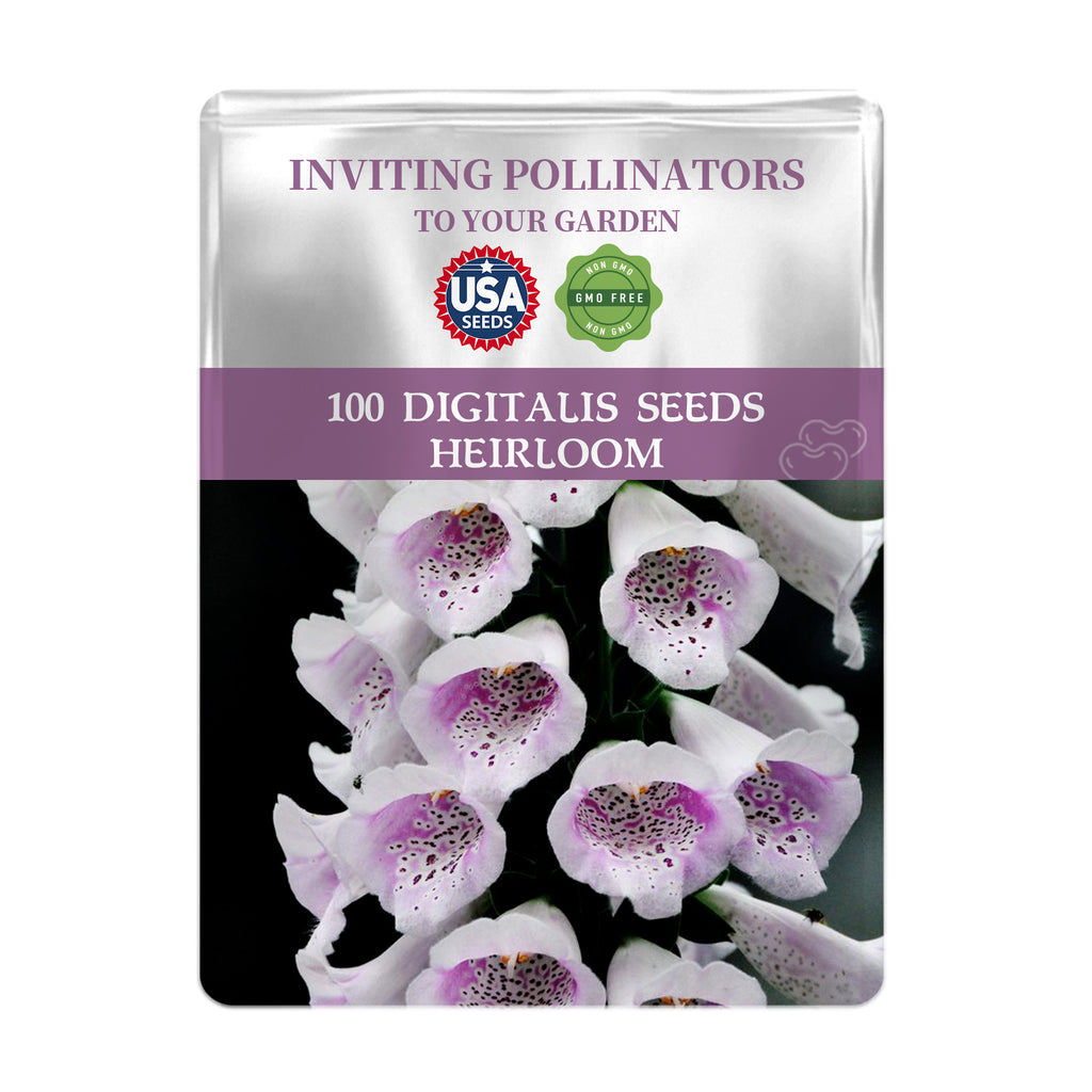 Seeds packet for Foxglove Spires Digitalis Seeds with purple flowers on a white background