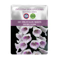 Seeds packet for Foxglove Spires Digitalis Seeds with purple flowers on a white background