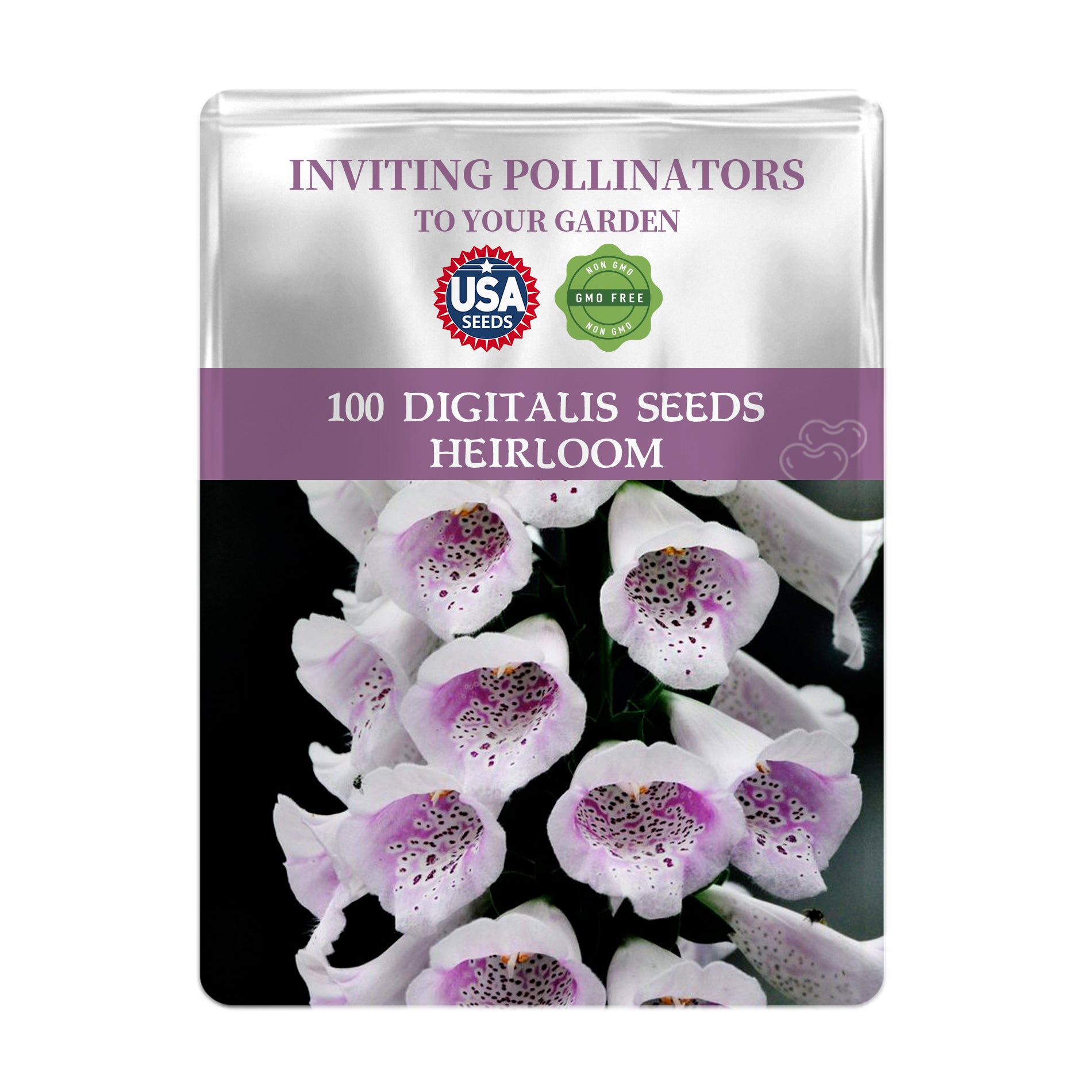 Seeds packet for Foxglove Spires Digitalis Seeds with purple flowers on a white background