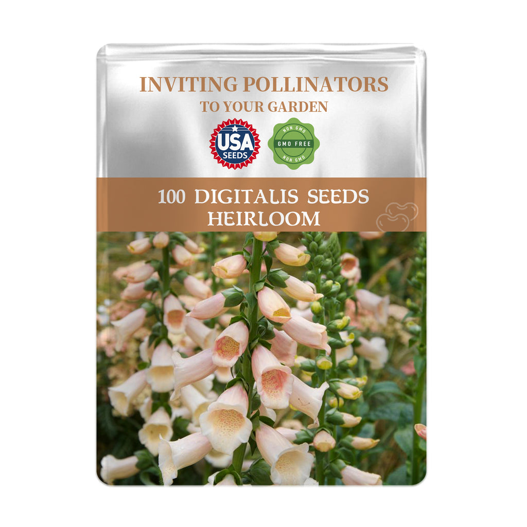 Seeds packet for Foxglove Spires Digitalis Seeds with USA Seeds branding and flower image on a white background