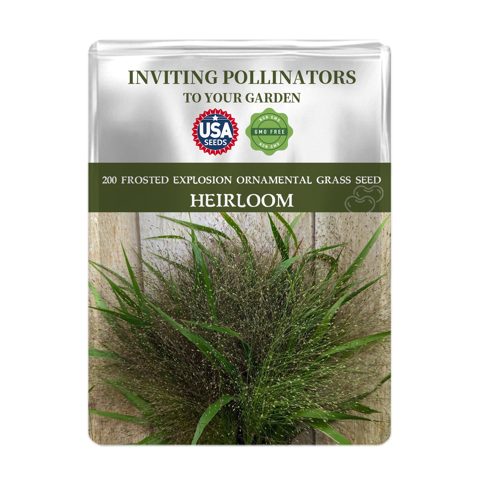 Seeds packet for Frosted Explosion Ornamental Grass Seeds with USA Seeds branding on a white background
