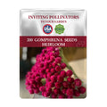 Seeds packet for Globe Amaranth Gomphrena Seedswith red flowers on a white background