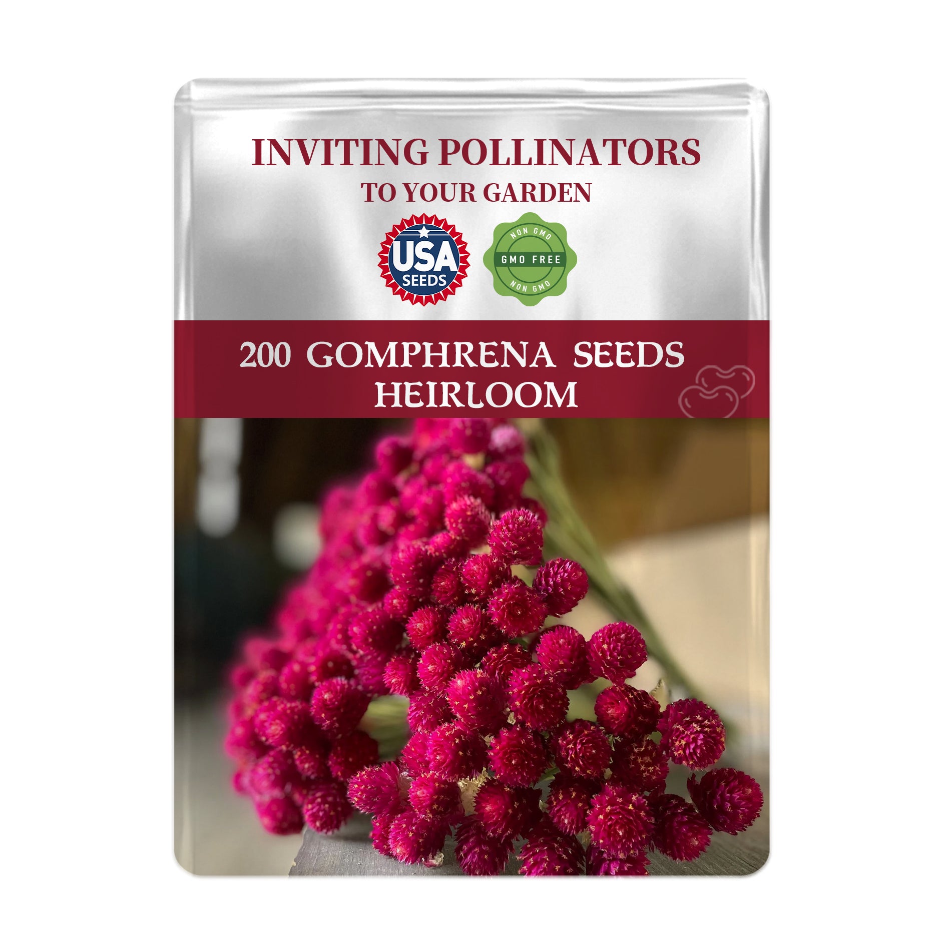 Seeds packet for Globe Amaranth Gomphrena Seedswith red flowers on a white background