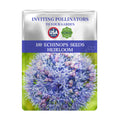 Seeds packet for Globe Thistle Steel Blue Echinops Seeds with a blue flower on a white background