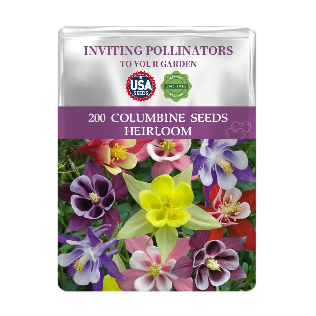 Seeds packet for Granny’s Bonnet Columbine Seeds with colorful flowers on a white background