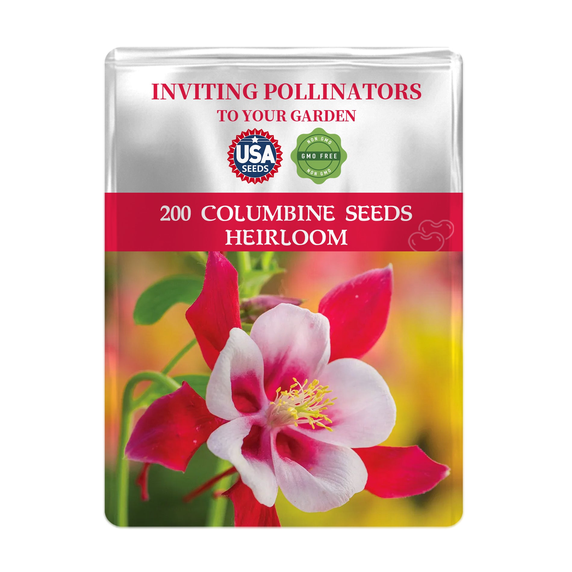 Seeds packet for Granny’s Bonnet Columbine Seeds with a colorful flower on a white background