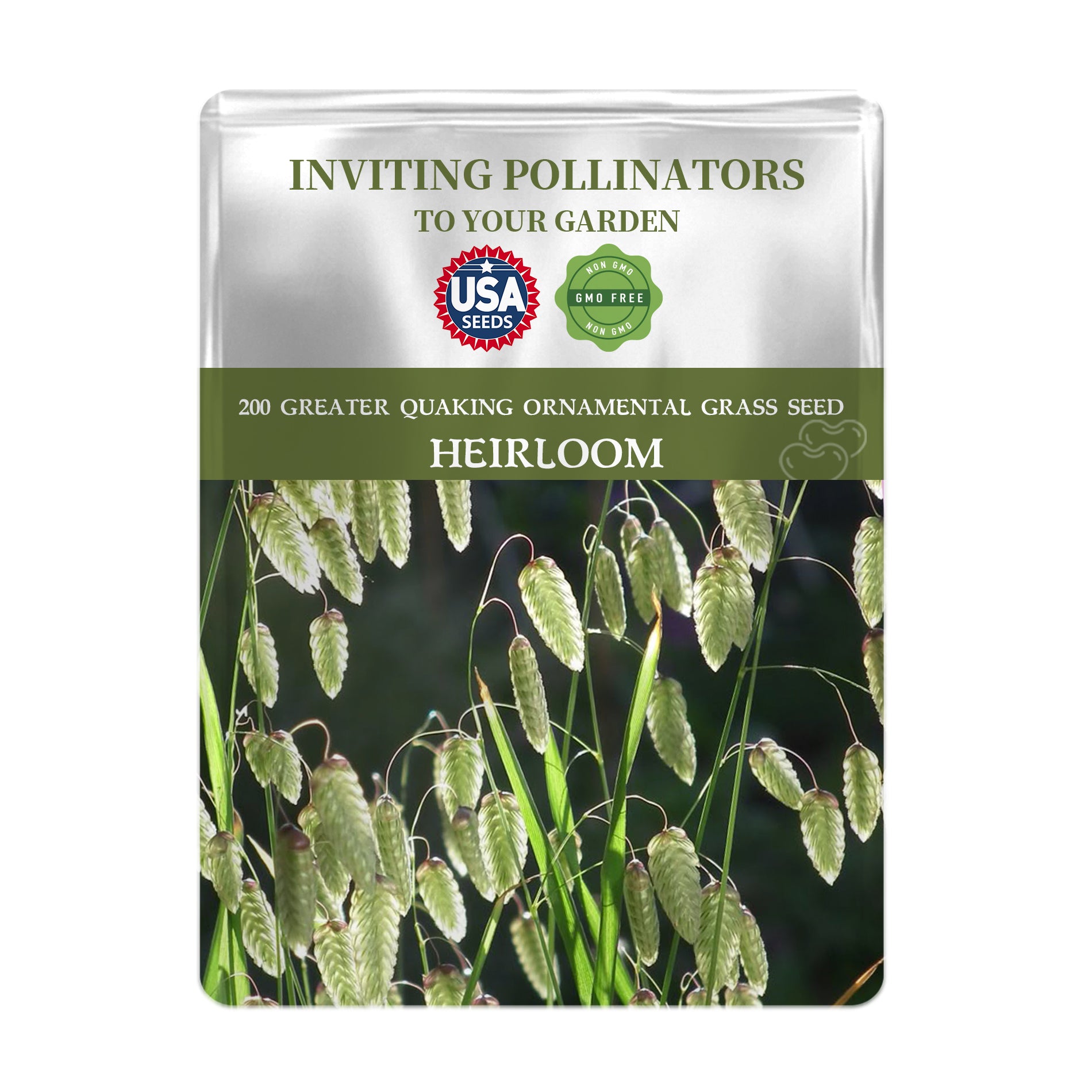  Greater Quaking Grass Ornamental Grass Seeds packet for greater quaking ornamental grass with USA Seeds branding on a white background