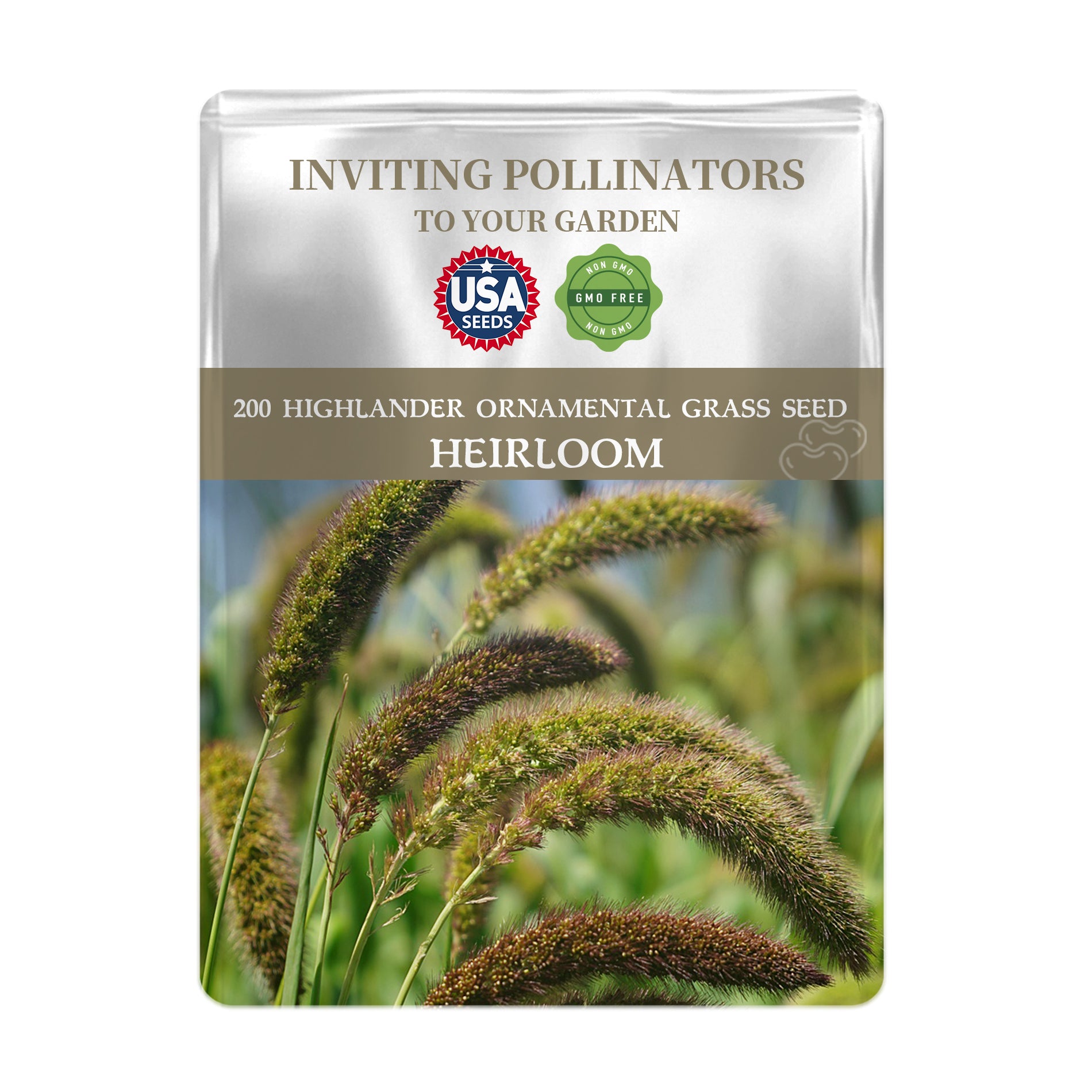 Seeds packet for Highlander Ornamental Grass Seeds with USA Seeds branding on a white background